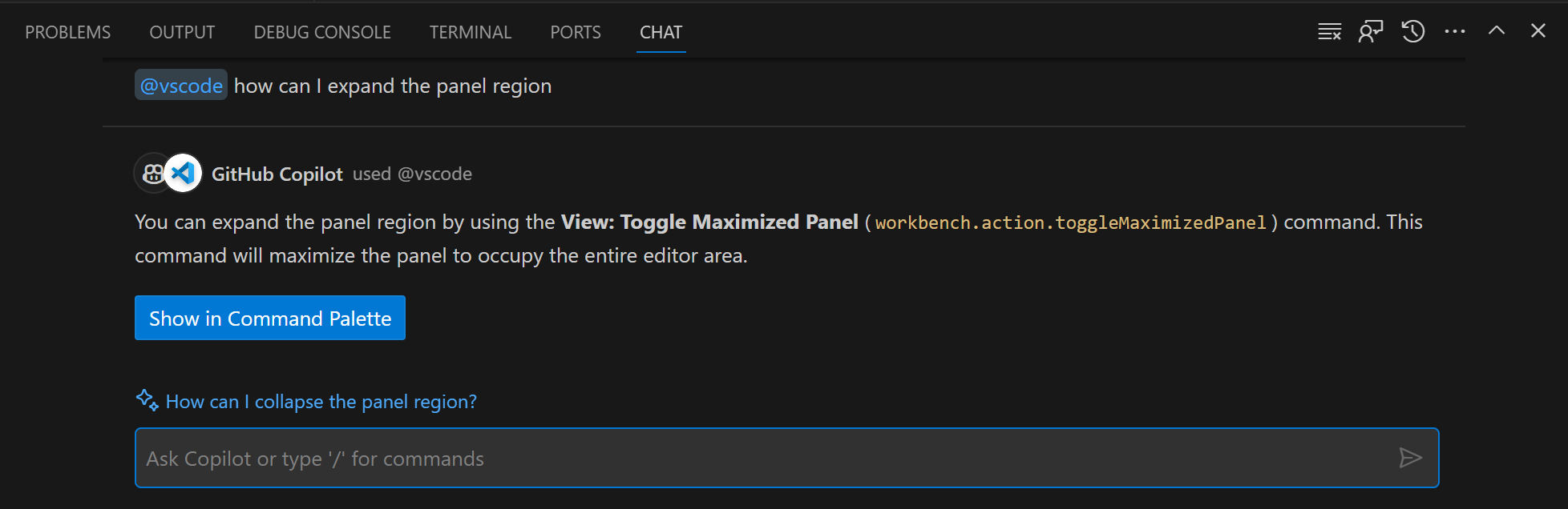 Chat view in the Panel region