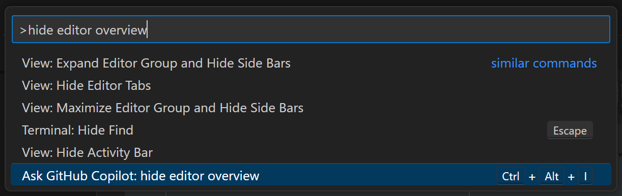 Command Palette with Ask GitHub Copilot selected to search for "hide editor overview"