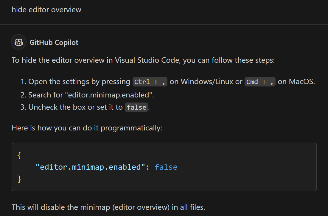 Chat view with answer to "hide editor overview"