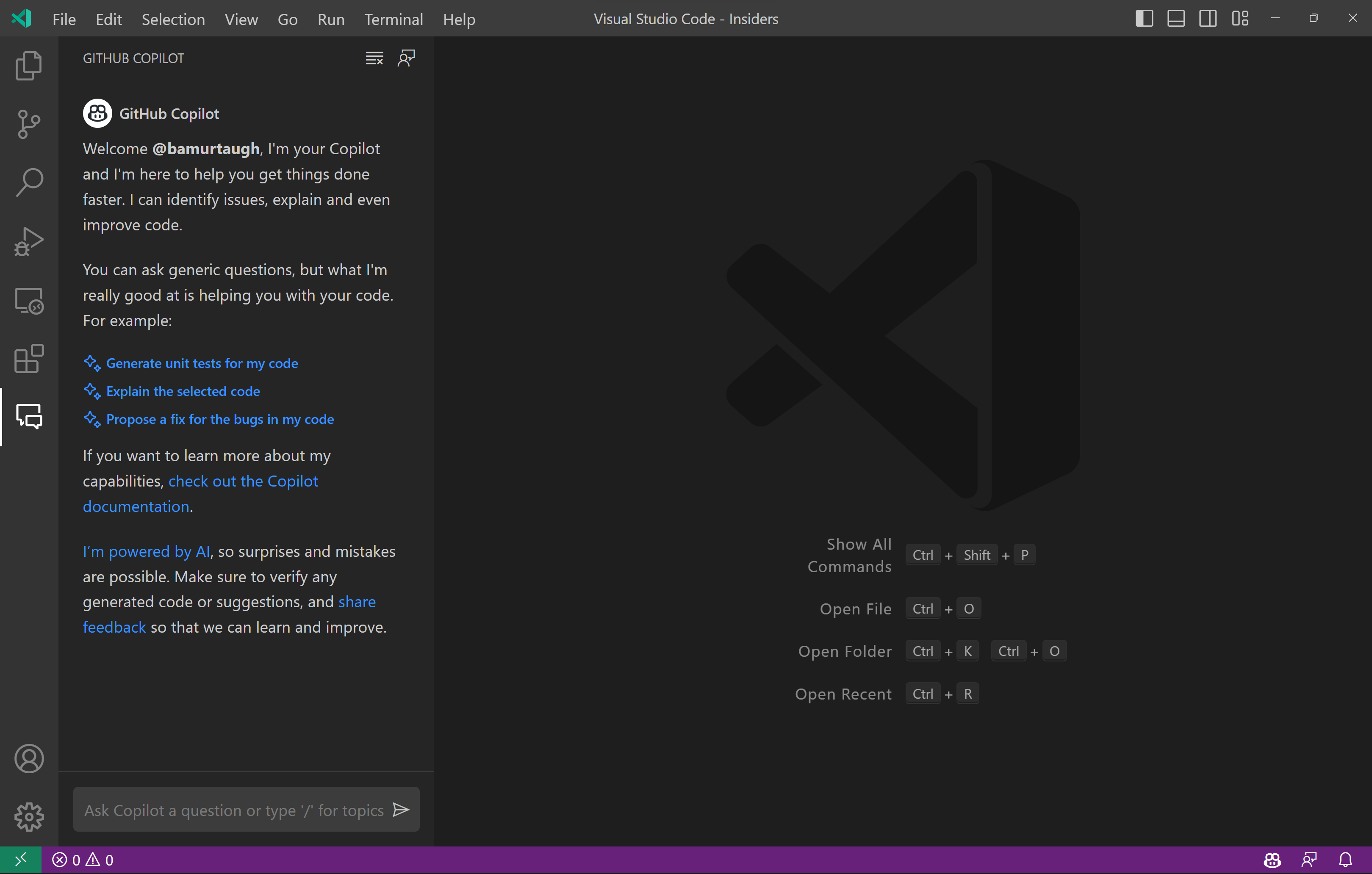 Copilot view in VS Code Activity Bar