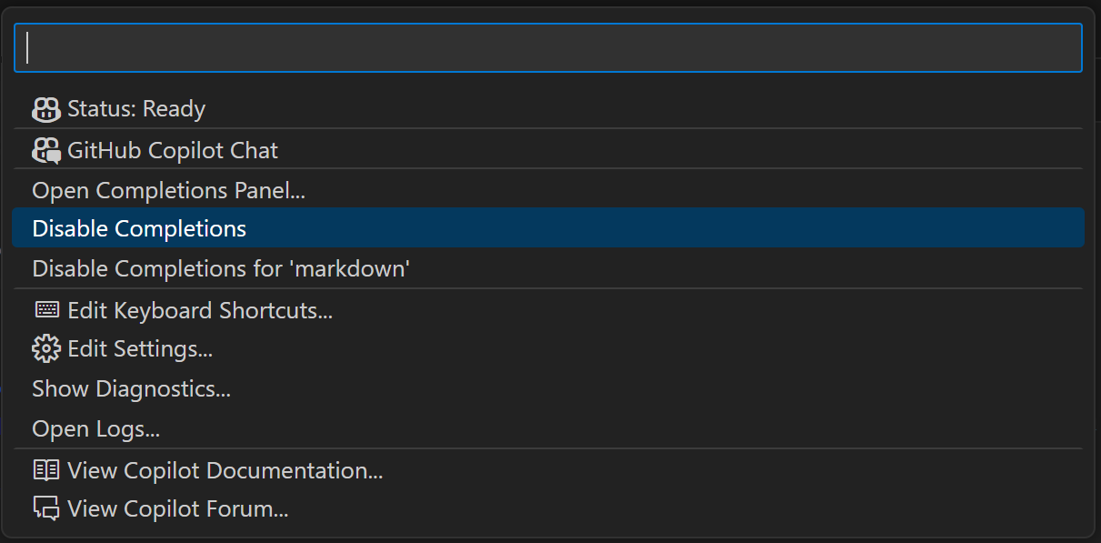 Copilot status menu dropdown with Disable Completions selected