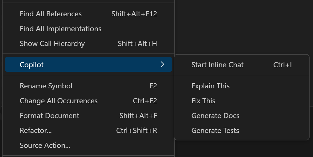 Editor context menu with the Copilot menu group expanded