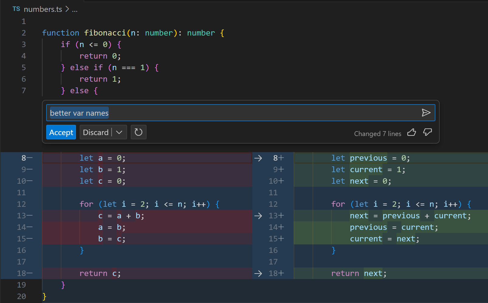 Ask inline chat to use better variable names on existing code