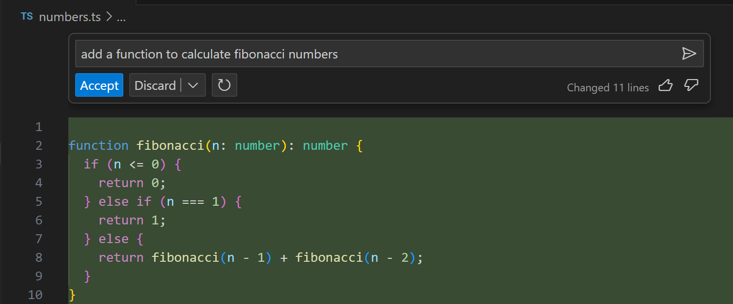 First response from Copilot for a function to calculate Fibonacci numbers