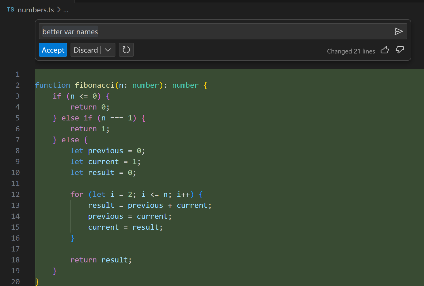 Ask Copilot to use better variable names and new result