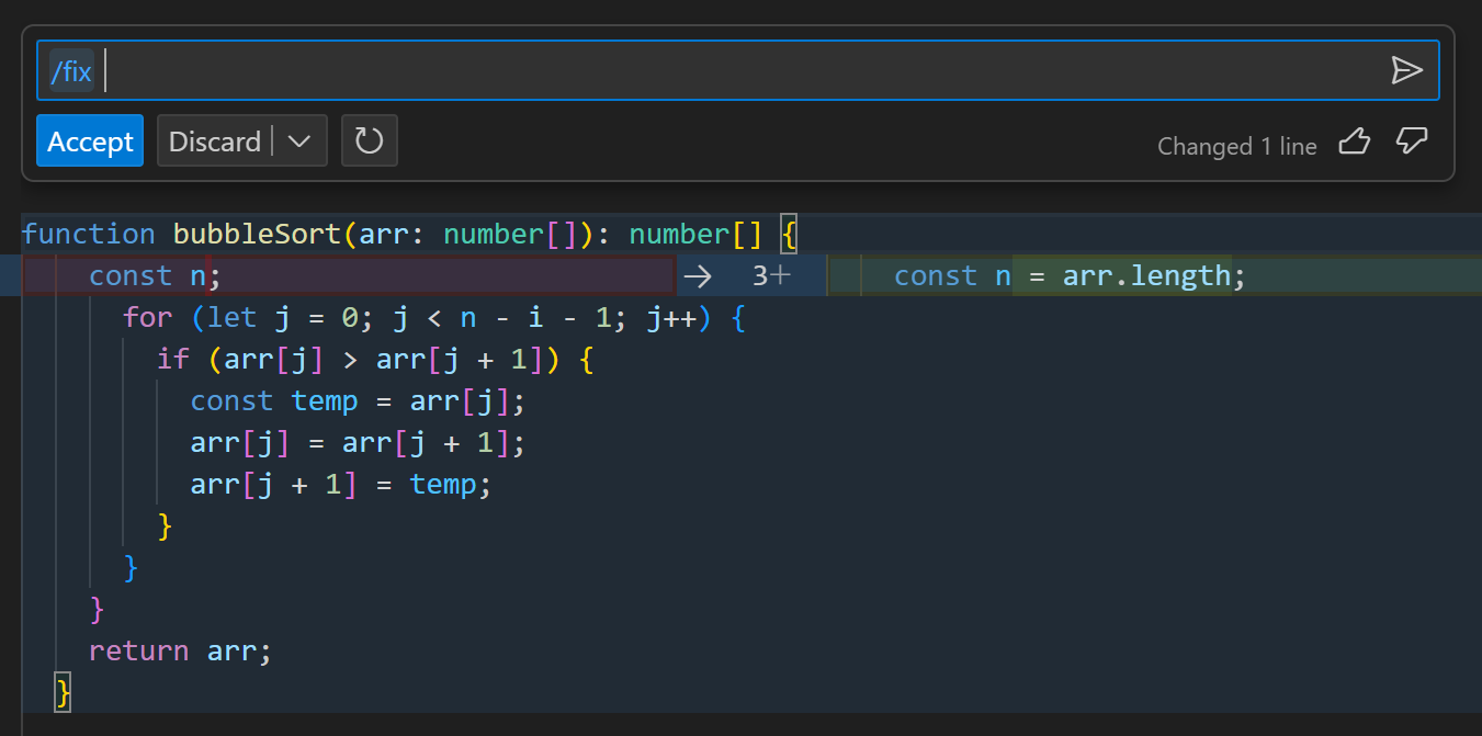 Inline chat /fix identifying an unassigned variable and proposing a fix in a diff view