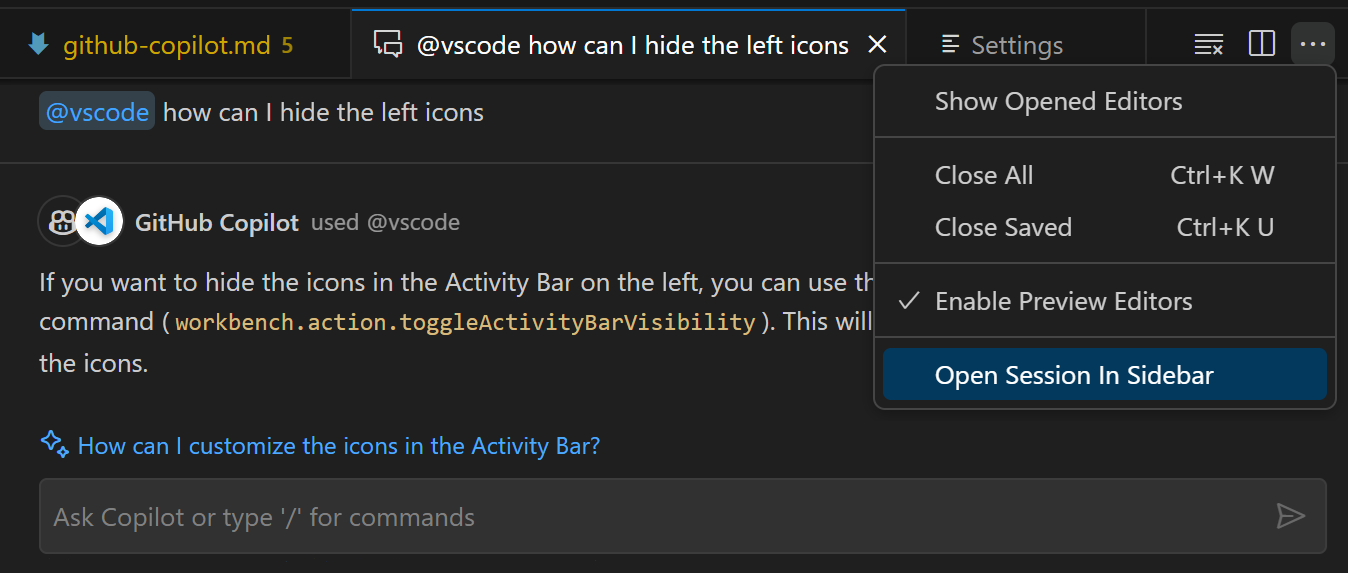 Chat view in editor with Open Session in Side bar displayed