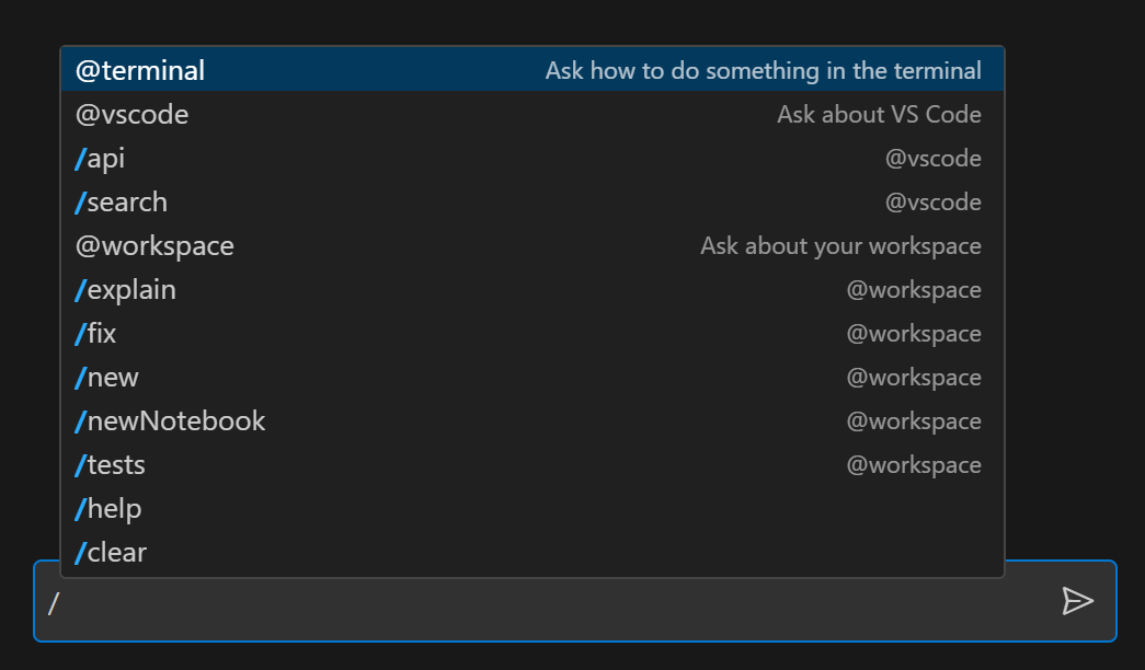 Copilot slash command list in chat