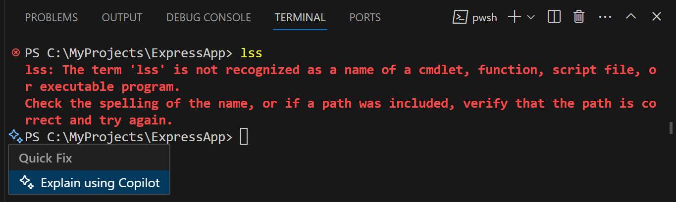 Terminal command failure shows sparkle with Explain using Copilot Quick Fix