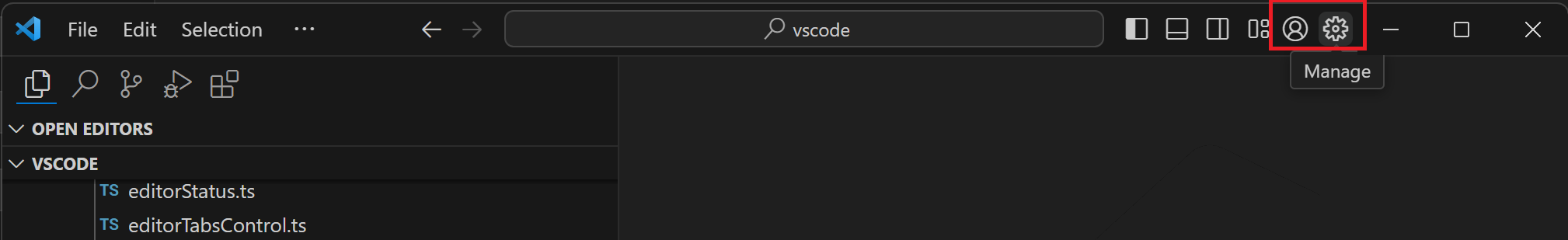 Activity bar in top position with Account and Manage buttons on the right of the title bar