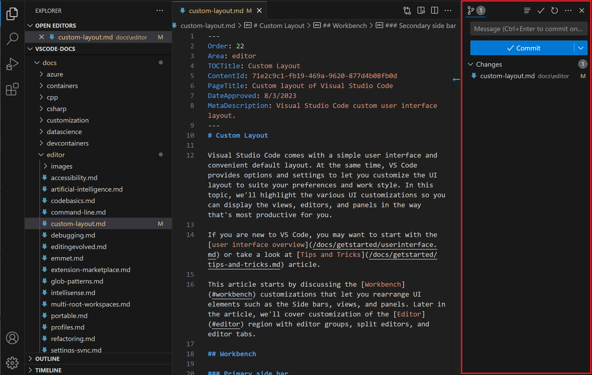 Source Control view in the Secondary Side bar to the right