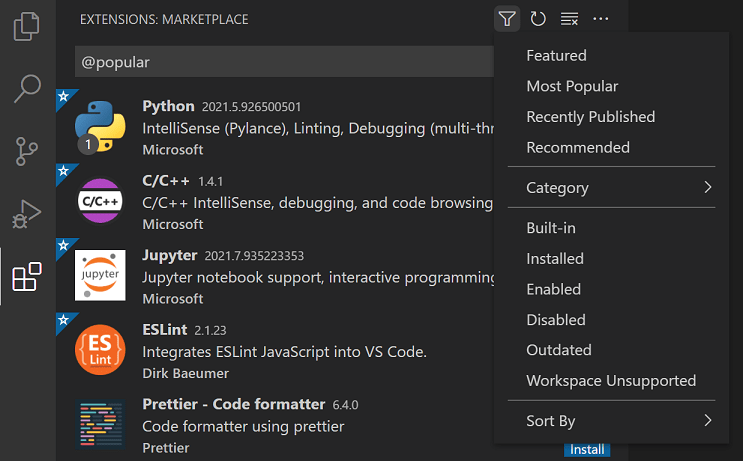 Extensions view filter context menu