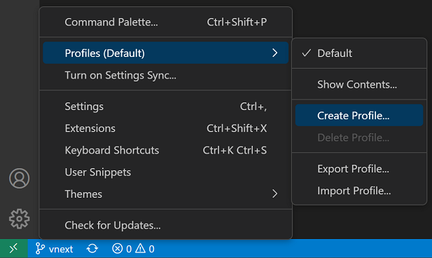 Create Profile command via the Manage button in the Activity bar