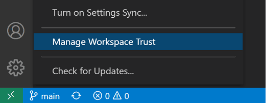 Manage Workspace Trust command in the Manage gear context menu