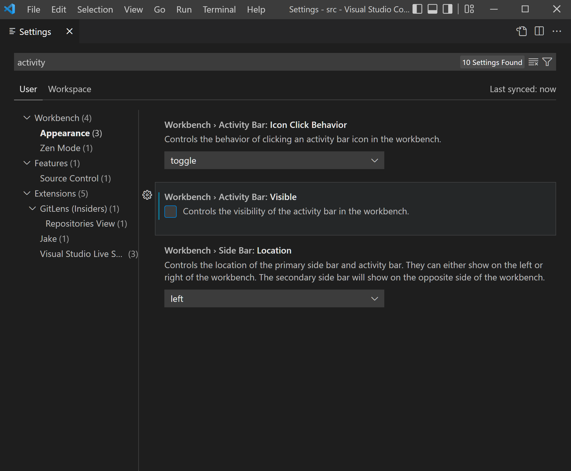 Activity Bar: Visible unchecked and Activity Bar is hidden