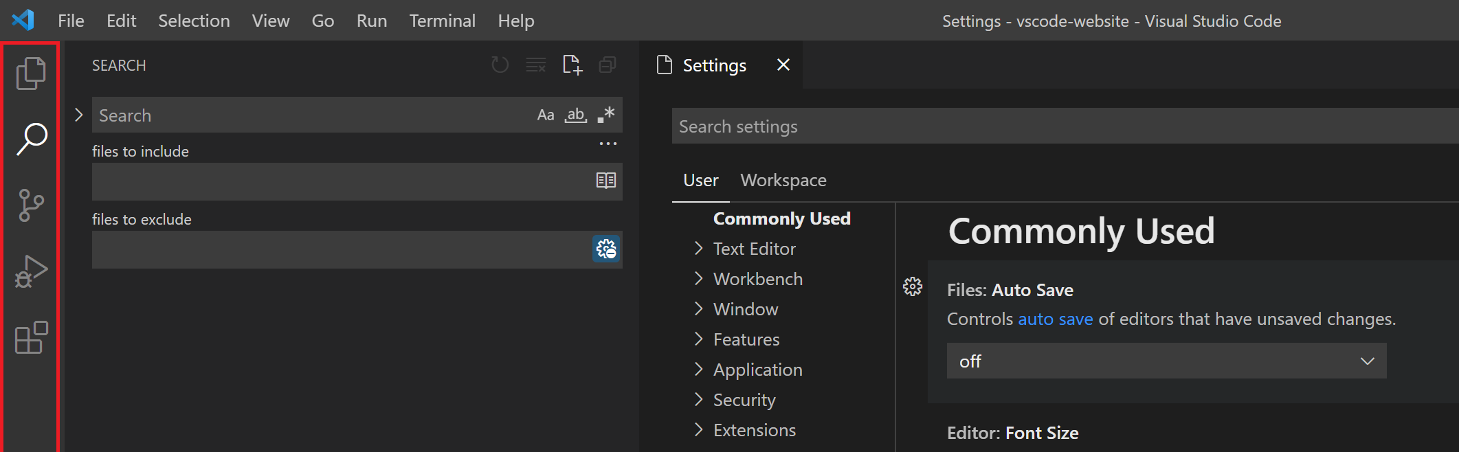 Activity Bar display on the left of the editor