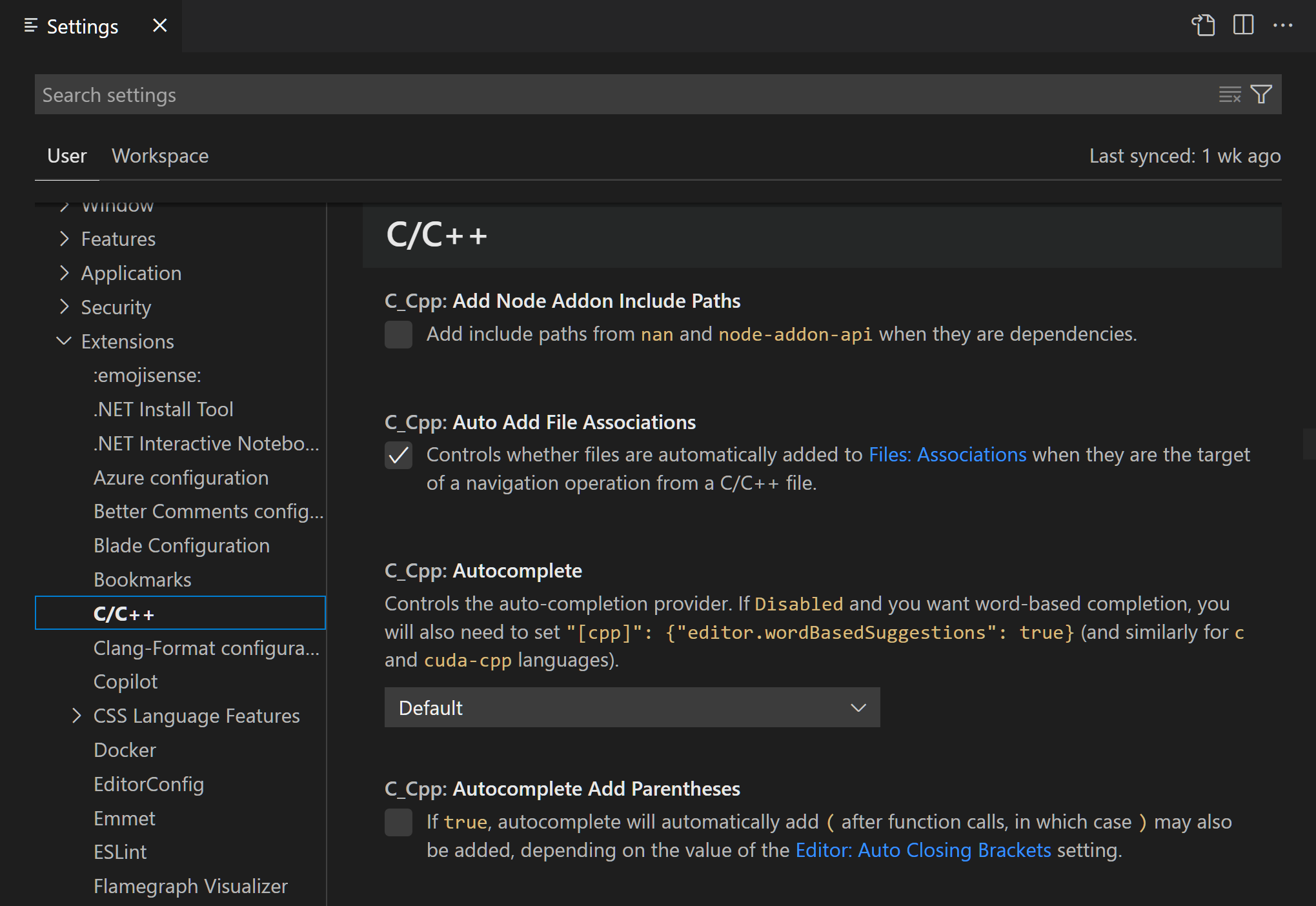 C++ extension settings in the Settings editor
