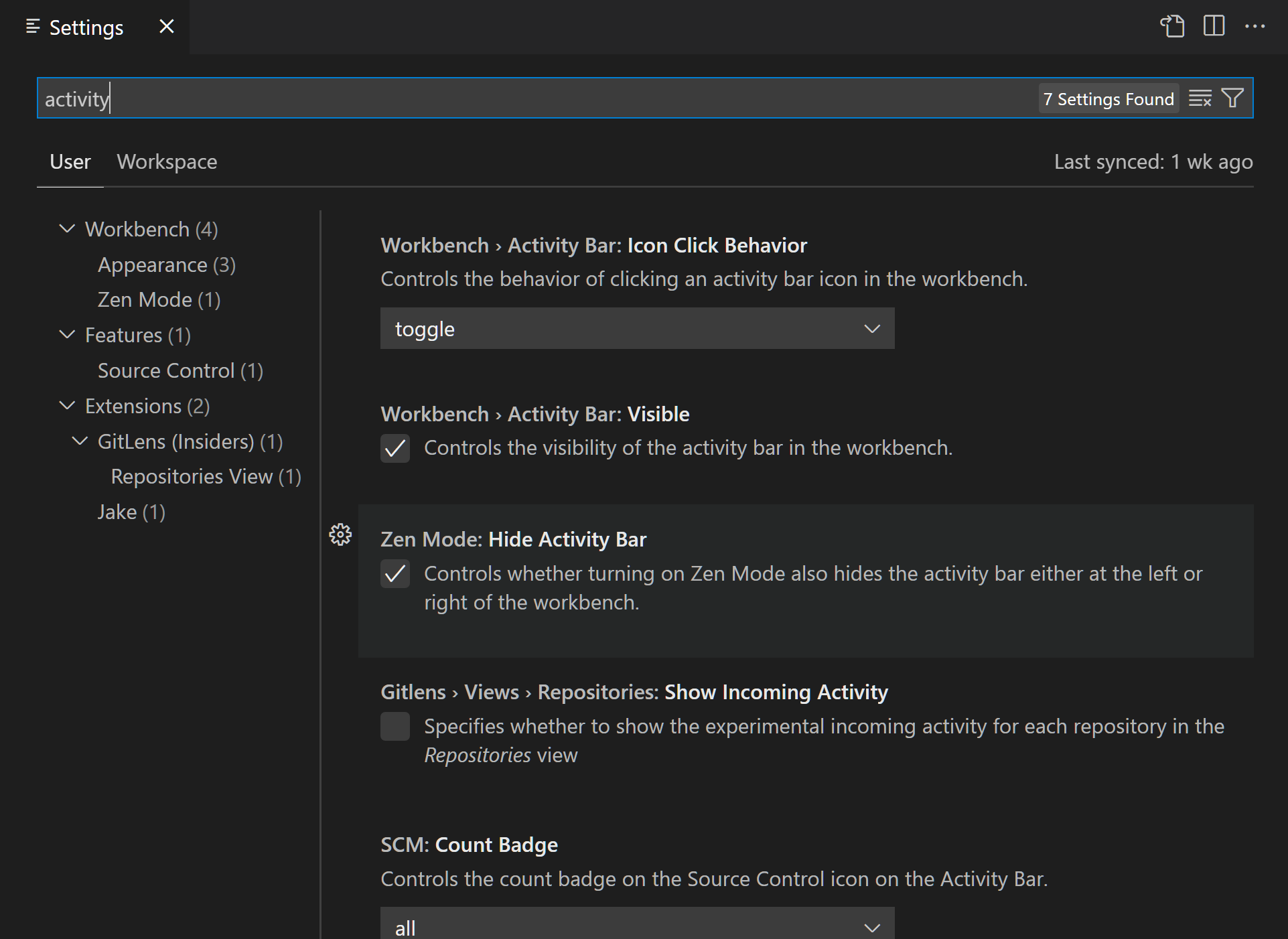 Settings editor with 'activity' in the Search bar with at least five settings