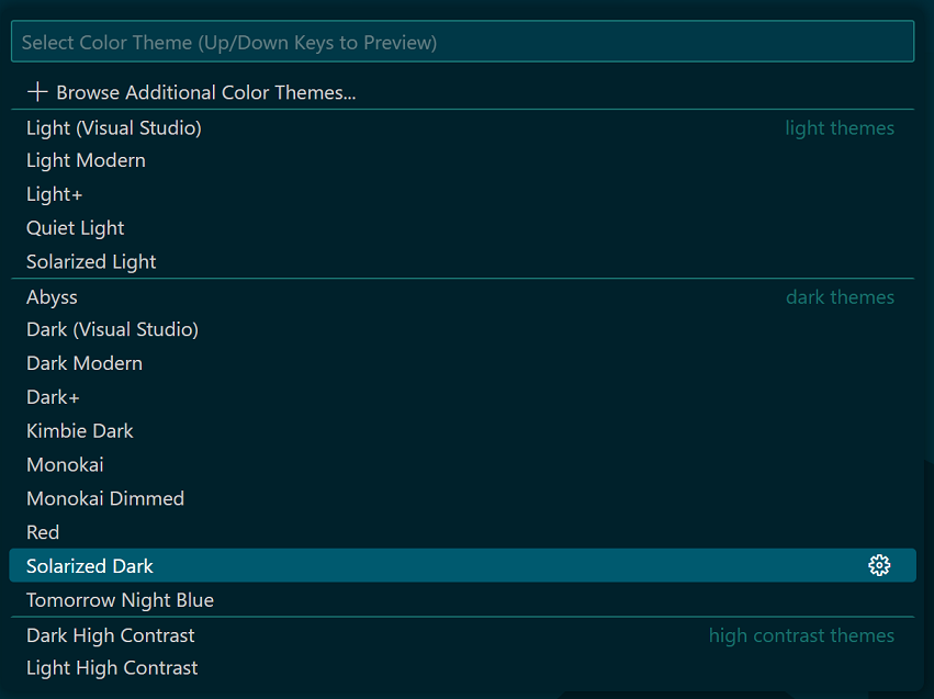 Themes in the Command Palette