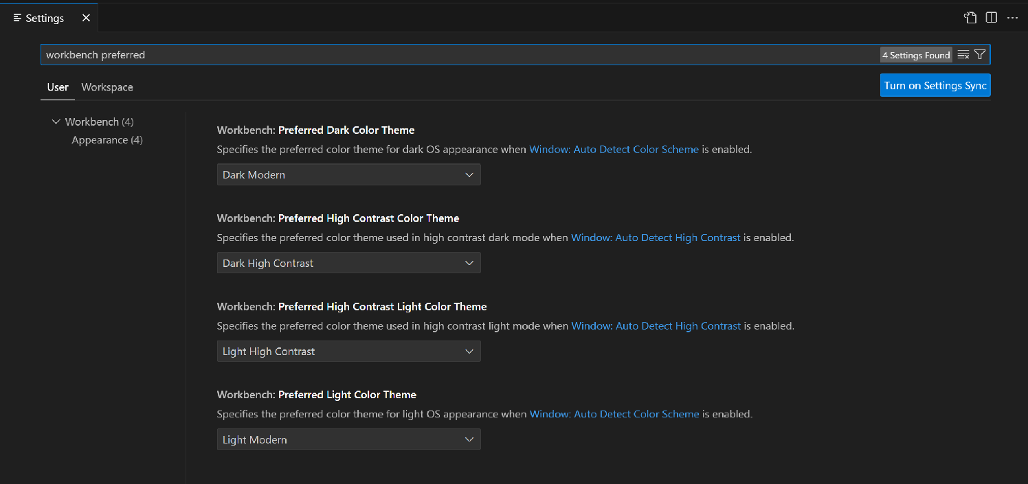 Settings editor filtered on the preferred color themes settings