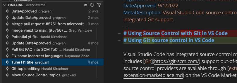 Timeline view with one item selected and its change being shown in the editor